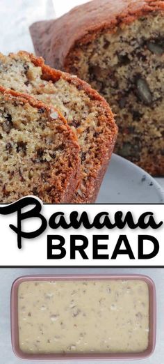 banana bread is cut in half and sitting on a plate next to a loaf of bread