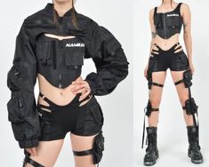 Cybercore Aesthetic Fashion, Super Spy Outfit, Techwear Summer Outfit, Dark Cyberpunk Outfit, Cyberpunk Skirt Outfit, Girly Cyberpunk Outfit, Summer Techwear Outfits Women, Cyberpunk Costume Design, Cyberpunk Plus Size