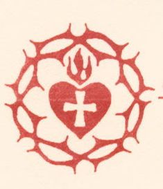 a red heart with a cross in the middle surrounded by thorns and flames on a white background