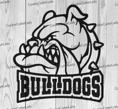 bulldogs logo on wood with the word bulldogs in black and white, against a wooden background