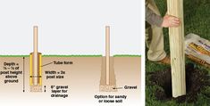 a man is digging in the ground next to a wooden post and an image of soil