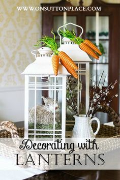 a white birdcage filled with carrots sitting on top of a table