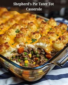 shepherd's pie tater tot casserole in a glass dish