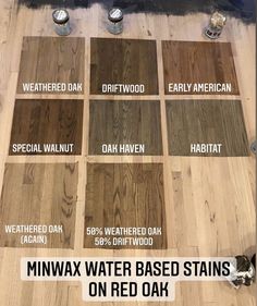 several different types of water based stains on red oak flooring in various colors and sizes