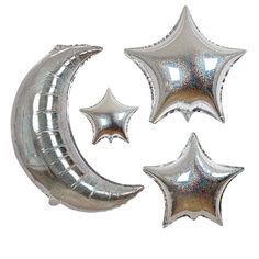 silver foil balloons in the shape of stars and moon