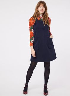 Pennie Jersey Pinafore Dress - Navy Pinafore Dress Outfit Winter, Navy Blue Dress Outfit, Pinafore Dress Outfit, Shirt Under Dress, Blue Dress Outfits, Farm Fashion, Modcloth Style Gallery, Denim Pinafore Dress, Denim Pinafore