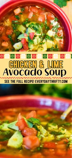 chicken and lime avocado soup in a red bowl with the title above it