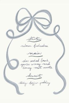 a white and gray wedding card with a bow on the front, in black ink