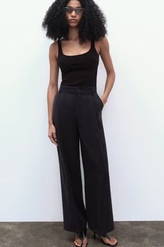 FLOWY PLEATED PANTS - Black | ZARA United States Zara Wide-leg Dress Pants With Pockets, Zara Wide Leg Dress Pants For Work, Zara Classic Wide-leg Pants, Zara Ankle-length Wide Leg Workwear Pants, Zara Ankle-length Wide Leg Pants For Work, Zara Classic Wide Leg Pants For Work, Zara Wide Leg Pants With Pockets For Business Casual, Zara Ankle-length Pants With Belt Loops, Trendy Dress Pants With Belt Loops