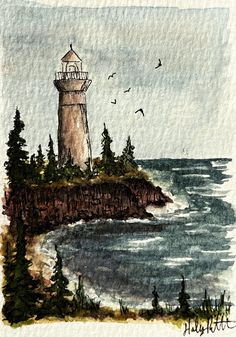 a drawing of a lighthouse on top of a cliff near the ocean with birds flying around