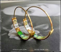 Green Circular Hoop Earrings As A Gift, Green Circular Hoop Earrings For Gifts, Green Circle Hoop Earrings As Gift, Green Circle Hoop Earrings For Gift, Adjustable Cadmium-free Hoop Earrings As Gift, Green Tiles, Hoops Earrings, Gold Wash, Hand Shapes