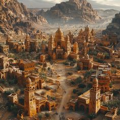 an aerial view of a city in the middle of mountains and deserts with people walking around