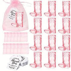 the pink plastic cups are lined up in a bag and ready to be filled with them