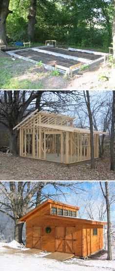 three pictures of different types of buildings in the woods