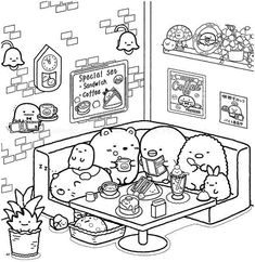 an adult coloring book with cartoon characters sitting at a table in front of a tv