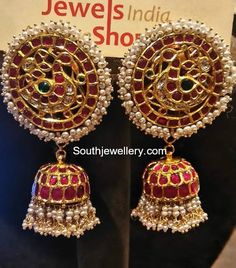 Buttalu Designs, South Jewellery, Big Earrings Gold, Kemp Jewellery, Gold Jhumkas, Jewellery Kundan, Gold Earrings Indian, Gold Pearl Jewelry, Indian Jewelry Earrings