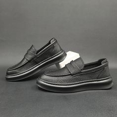 Gender: Men Type: Loafers Main Materials: Cowhide Insole: Pigskin Sole: Rubber Type of Closure: Slip-on... Flat Leather Shoes For Business In Summer, Black Leather Business Shoes For Summer, Black Leather Shoes For Business In Summer, Summer Business Slip-on Loafers, Low-top Slip-on Loafers With Perforations, Slip-on Low-top Loafers With Perforations, Leather Flat Bottom Slip-ons For Summer, Leather Slip-ons With Flat Soles For Summer, Black Leather Summer Loafers