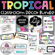 tropical classroom decor bundle with name tags, labels and stickers for teachers to use