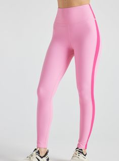 DESCRIPTION Designed to hold up to your highest intensity workout, the double faced waistband holds you in and stays put. The thick racer stripes along both legs add a dynamic flare to your favorite leggings. FABRICATION & CARE Body: 76% Nylon/ 24% Spandex Ultra-versatile rib fabric Soft & super comfortable Lig Pink Yarrow, Favorite Leggings, Color Block Leggings, Rib Fabric, Back Bag, High Intensity Workout, Hold Ups, Pink Pink, Ribbed Fabric