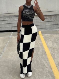 Summer Fall Black White Knitted High Waist Bodycon Maxi Skirt For Woman Black and White Casual   Knitted Fabric Plaid  Medium Stretch All Women Clothing, size features are:Bust: ,Length: ,Sleeve Length: