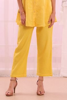 Yellow silk cotton blend shirt with floral embroidery. Comes with pant. - Aza Fashions Yellow Pants, Yellow Silk, Pant Sets, Set Women, Puffed Sleeves, Pant Set, Shirt And Pants, Floral Shirt, Aza Fashion