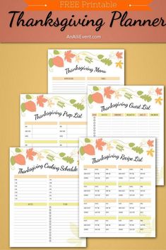 three thanksgiving planner printables with the words, free printable and an orange background