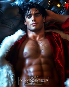 a shirtless man laying on top of a bed wearing a red robe and white fur