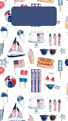 an image of patriotic items on a white background with the words happy fourth written in red, white and blue