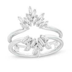 Give her ring an instant lift with this stunning diamond enhancer. Crafted in 14K white gold, this double-sided design surrounds her solitaire in a crown-like frame of baguette-cut and round diamonds. Additional round diamonds line the bands for a dazzling look. Captivating with 1/2 ct. t.w. of diamonds and a bright polished shine, this enhancer is certain to turn heads. Insert Ring, Solitaire Enhancer, Diamond Enhancer, Ring Enhancer, Ring Spacer, White Gold Solitaire, Baguette Cut, Baguette Diamond, Moissanite Diamonds