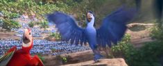 a blue bird flying over a forest filled with people