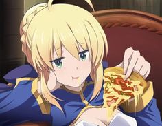 an anime character holding a slice of pizza in her hand and looking at the camera