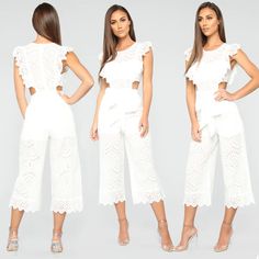 -Brand New Fashion Nova With Tags -No Visible Flaws, No Stains -Ruffle Sleeves, Tie Waist Self Belt, Side Cut Outs, Open Back, Zipper Closure, No Stretch -Self: 100% Cotton -Lining: 100% Rayon #Eyelet #Jumpsuit #Straightleg #Wideleg #Bridal #Lace #Flattering #Sweet #Spring #Summer Casual White Jumpsuits And Rompers With Ruffles, Feminine White Jumpsuits And Rompers For Brunch, Tropical Romper, Fashion Nova Jumpsuit, Fashion Nova Pants, Sequin Rompers, Wrap Romper, Fashion Nova Outfits, Ruffle Romper