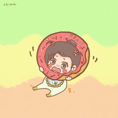 a cartoon character holding a donut in the air