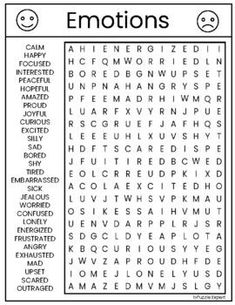 the emotions word search is shown in black and white