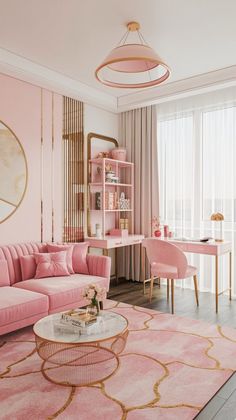 a living room with pink furniture and gold accents