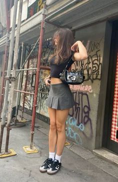 #outfits #style #inspiration #fashion #artist Micro Mini Pleated Skirt Outfit, Chicago Fits Summer, Flare Mini Skirt Outfit, Black Short Outfit, Samba Outfit Ideas, Adidas Samba Outfit, Samba Outfit, Tennis Skirt Outfit, Mode Zara