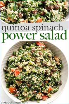 quinoa spinach power salad in a white bowl with the title above it