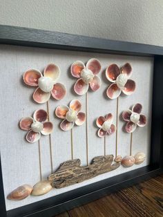 seashells are arranged on sticks in a shadow box