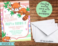 "Please allow 24-48 hours as current turnaround time for personalized items... y'all are throwing a lot of parties! ;) To order, please choose from the following 2 options: 1) For digital Invitation ONLY.... go to: https://www.etsy.com/listing/1200195295/red-panda-birthday-party-invitation-red 2) Printed and mailed invitations.... Your requested quantity of invitations are printed on high quality 110lb cardstock. They are then shipped, plus free envelopes, via tracked USPS First Class mail. Invitations will measure 5\"x7\", with A7 envelopes. TERMS OF USE: -All digital designs have been designed and created by me and are FOR PERSONAL USE ONLY, ie: to print for a baby shower or to give as a gift. -They are not to be shared, sold, distributed, or duplicated in any way for commercial profit. Red Panda Birthday Party, Panda Birthday Party Invitations, Diaper Party Invitations, Pumpkin Carving Party Invitations, Combined Birthday Parties, Panda Birthday Party, Bunny Invitations, Unicorn Party Invites