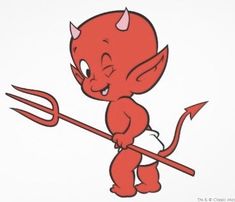 a red devil holding a pitchfork sticker on top of a white circle with an arrow