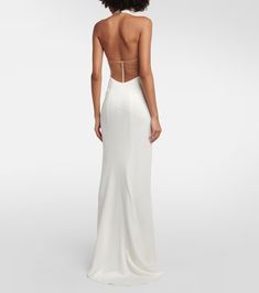 Bridal Hebredes gown in white - Galvan | Mytheresa Fitted Long Satin Backless Dress, Fitted Satin Backless Long Dress, Formal Fitted Maxi-length Slip Dress, Stretch Backless Wedding Gown, Fitted Silk Maxi Length Backless Dress, Fitted Bias Cut Maxi Dress For Dinner, Fitted Silk Maxi Backless Dress, Elegant Stretch Wedding Gown, Gala Dresses With Fitted Bodice In Elastane