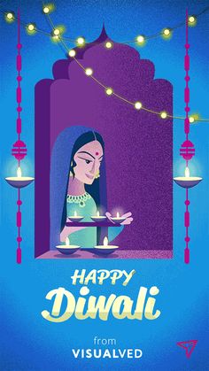 a woman sitting at a table with a lit candle in her hand and the words happy diwali written on it