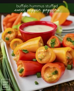 stuffed bell peppers on a plate with ranch dip in the background and green onions around them