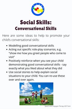 a flyer with the words social skills conversational skills for children to learn and play