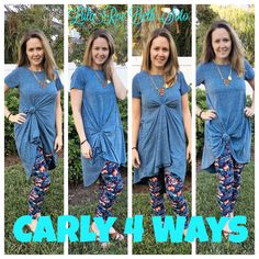 LulaRoe Carly Dress knotted 4 ways! Lots of fun ways to wear these fun clothes https://www.facebook.com/groups/LulaRoeBethSoto/ Lularoe Dress Outfits, How To Wear Lularoe Carly, Lularoe Classic Tee Styling, Fun Clothes, Knot Dress