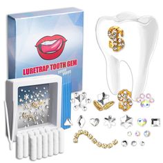 the teeth are decorated with gold, silver and crystal studs for dental health care