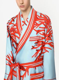 Blue Long Sleeve Robe For Spring, Luxury Long Sleeve Spring Robe, Long Sleeve Blue Robe For Spring, Luxury Long Sleeve Robe For Spring, Blue Silk Long Sleeve Kimono, Men's Sleepwear, Coral Print, Colour Combos, Beautiful Prints