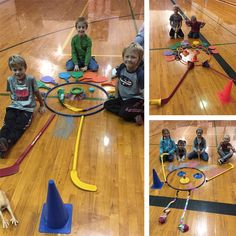 three pictures of children playing with toys on the floor and in an indoor gym area