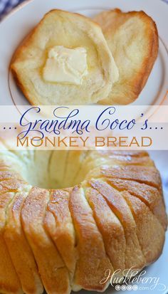 a close up of a bundt cake on a plate with the words grandma coco's monkey bread