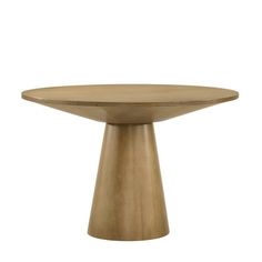 a round wooden table sitting on top of a white floor